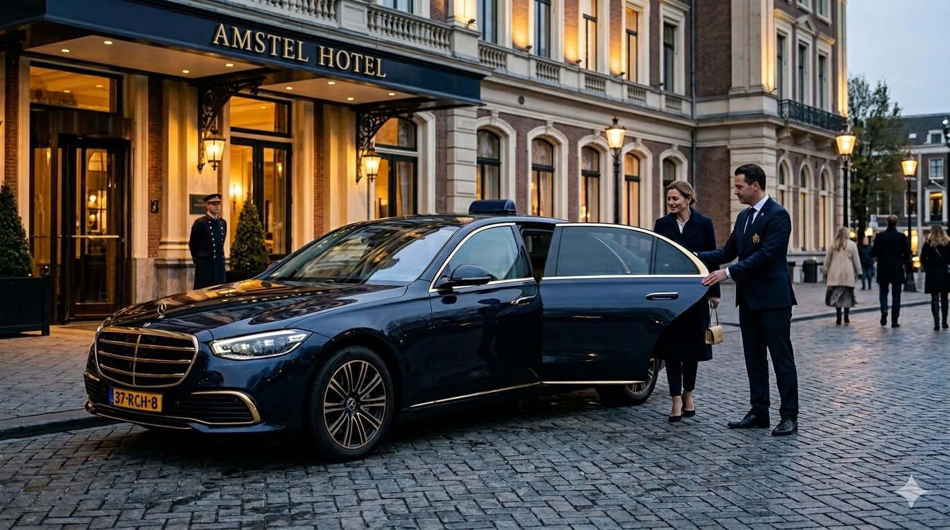 Zakelijk taxivervoer - chauffeur opent deur van Mercedes naar Schiphol