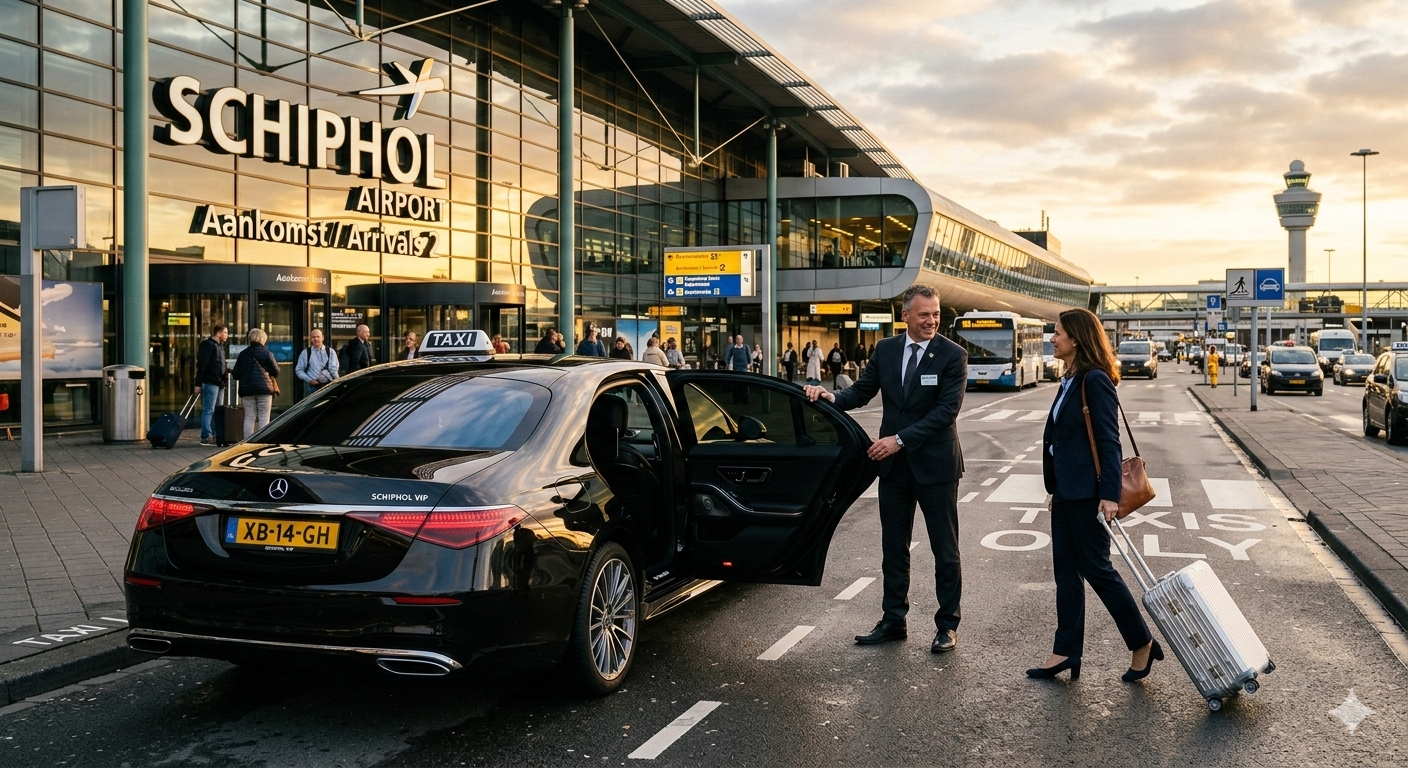 Professionele Schiphol taxi chauffeur verwelkomt reiziger bij Mercedes bij Schiphol Airport