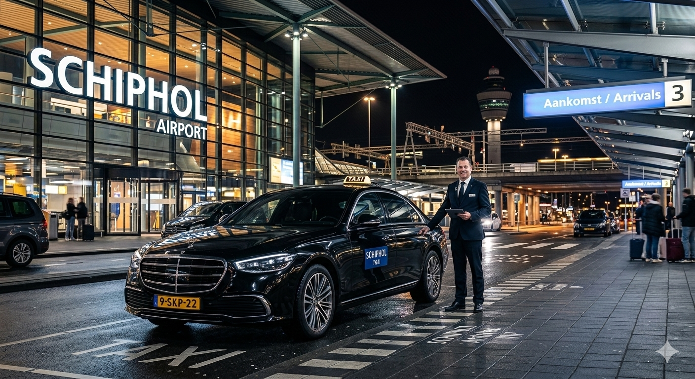 UwSchipholTaxi Mercedes S-Klasse met chauffeur bij Schiphol Aankomst 3 in de avond
