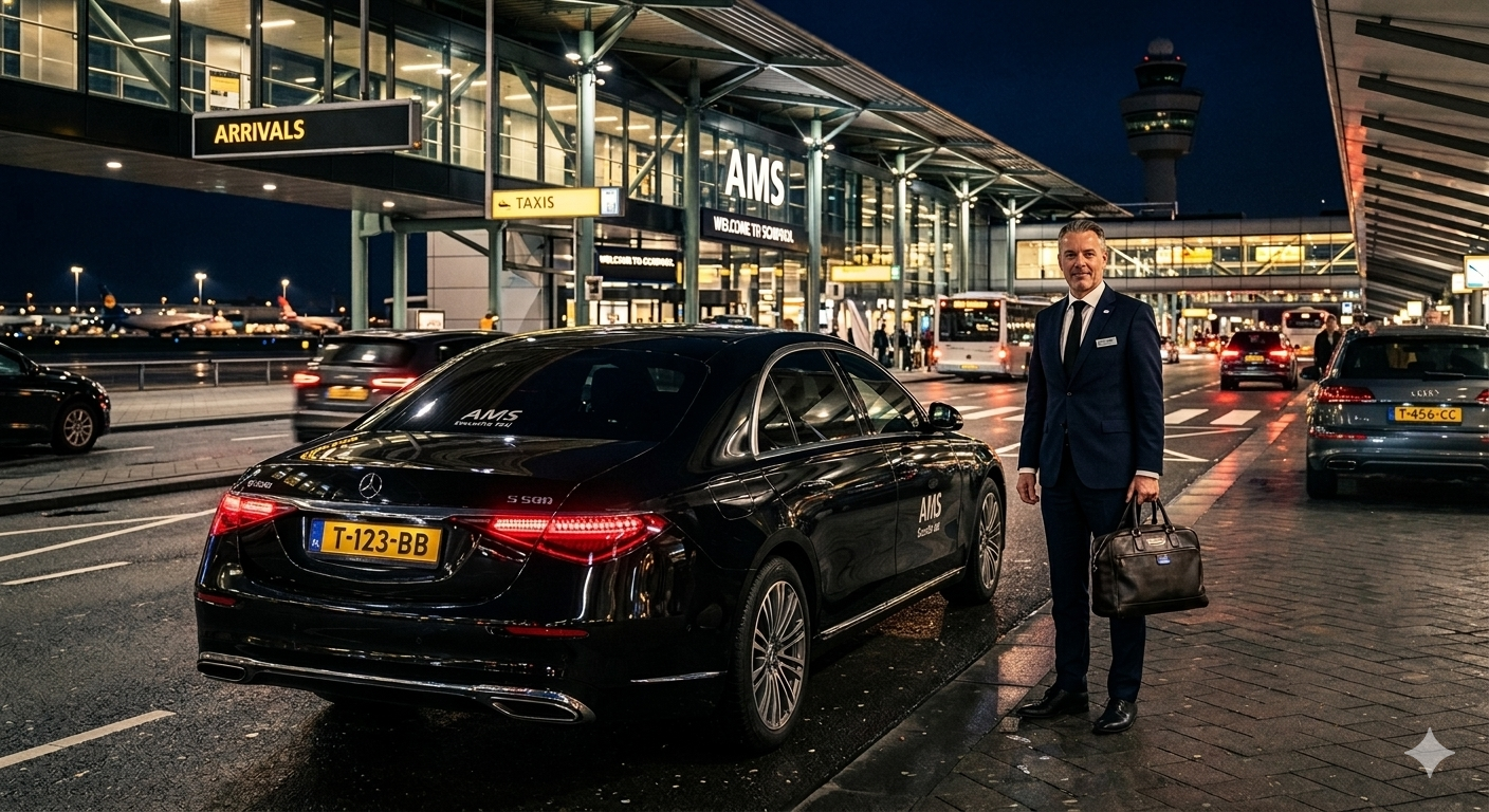 UwSchipholTaxi Mercedes S-Klasse met ervaren chauffeur bij Schiphol Arrivals