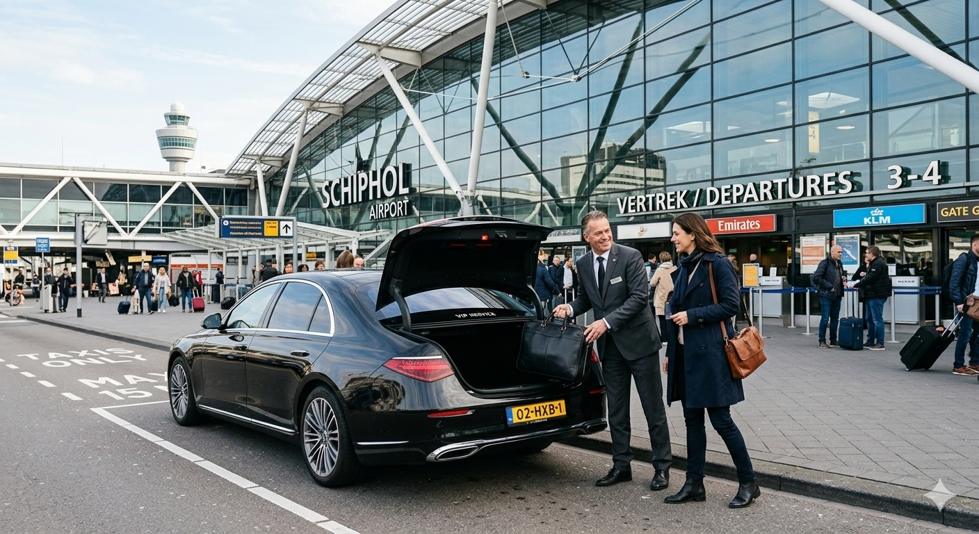 Chauffeur helpt reiziger met bagage bij Schiphol vertrekhal